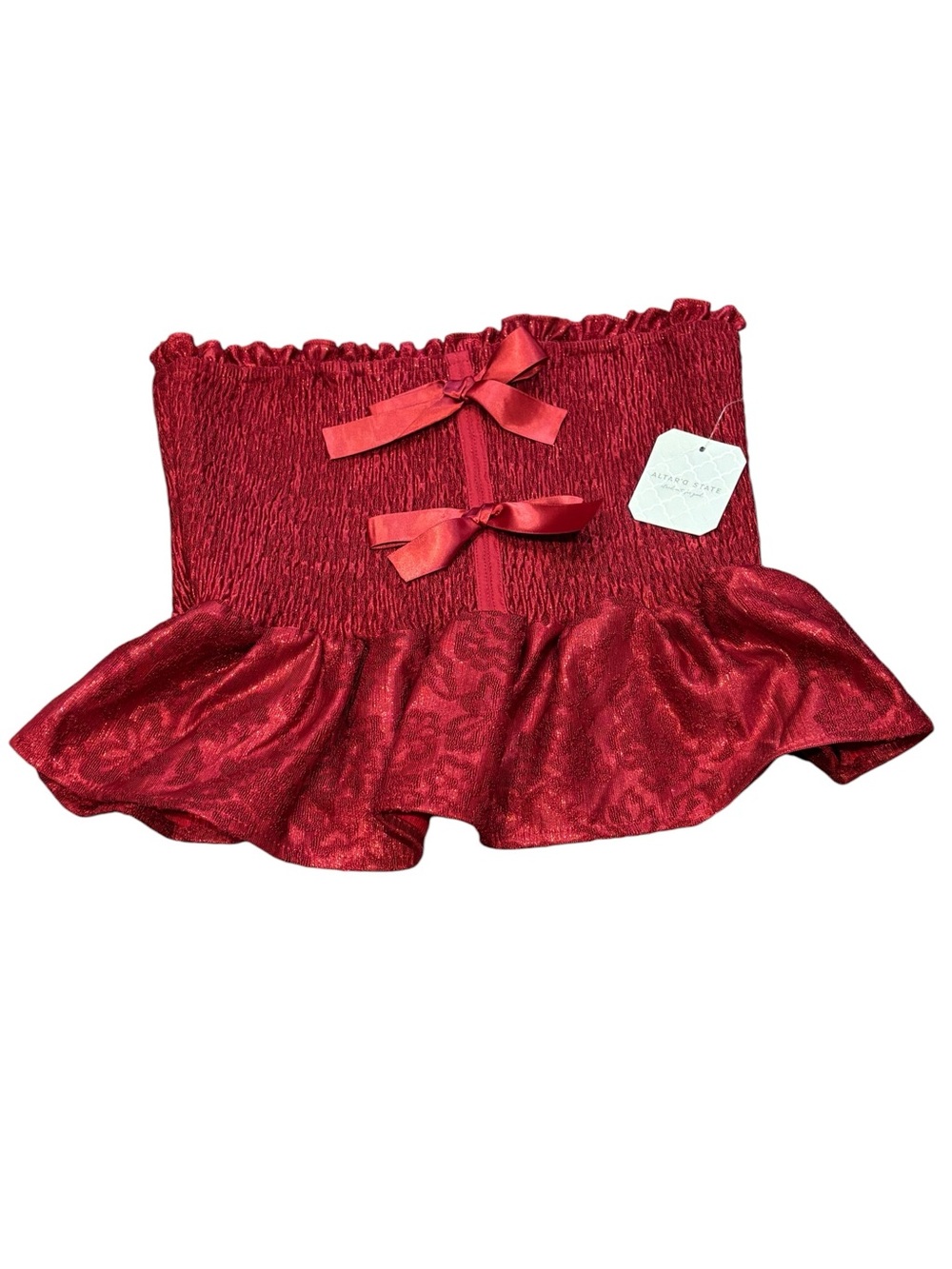 Altar’d State Red Metallic Smocked Peplum Tube Top Bow Front Strapless Small
